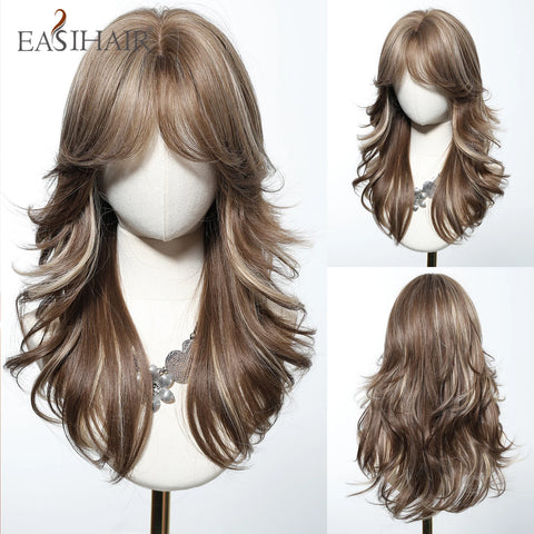 EASIHAIR Long Wavy Brown Synthetic Wig for Women with Side Bangs - Natural Look, Heat Resistant for Daily Wear
