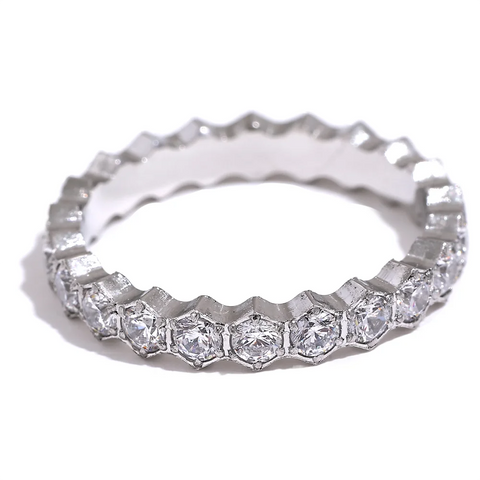 Yhpup Exquisite White Cubic Zirconia Bling Stainless Steel Classic Thin Chic Ring