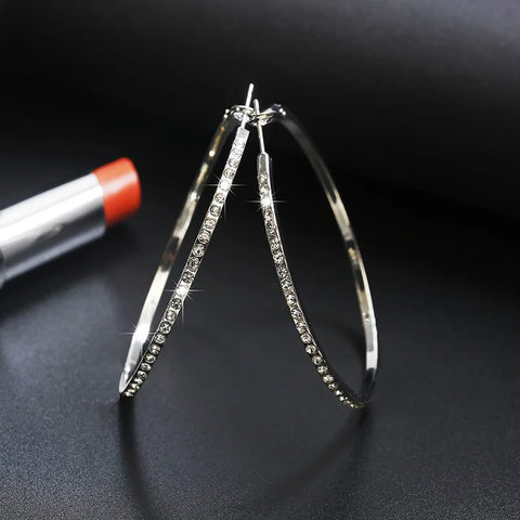 Fashion Hoop Earrings with Rhinestone - Big Circle Gold Color Loop Earrings for Women