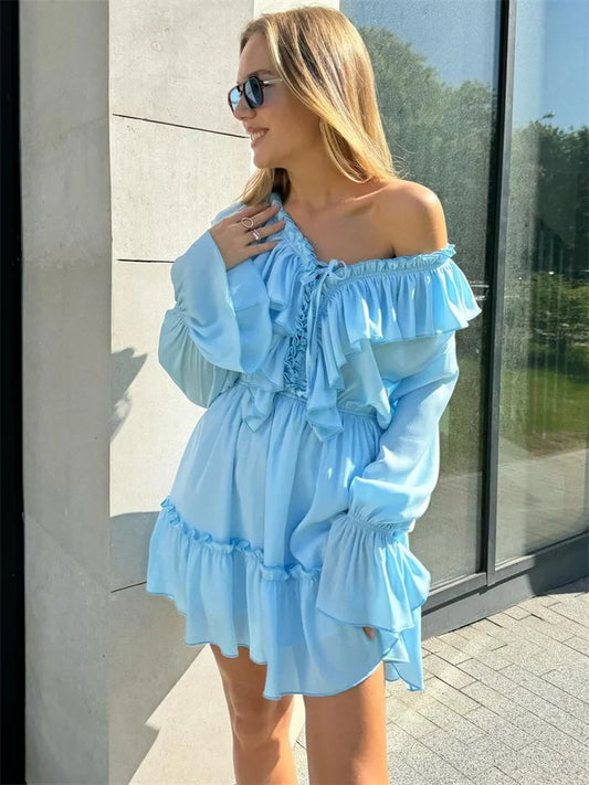 Tossy Ruffled V-Neck White Mini Dress – Elegant Long Sleeve Lace-Up Fashion Dress for Women