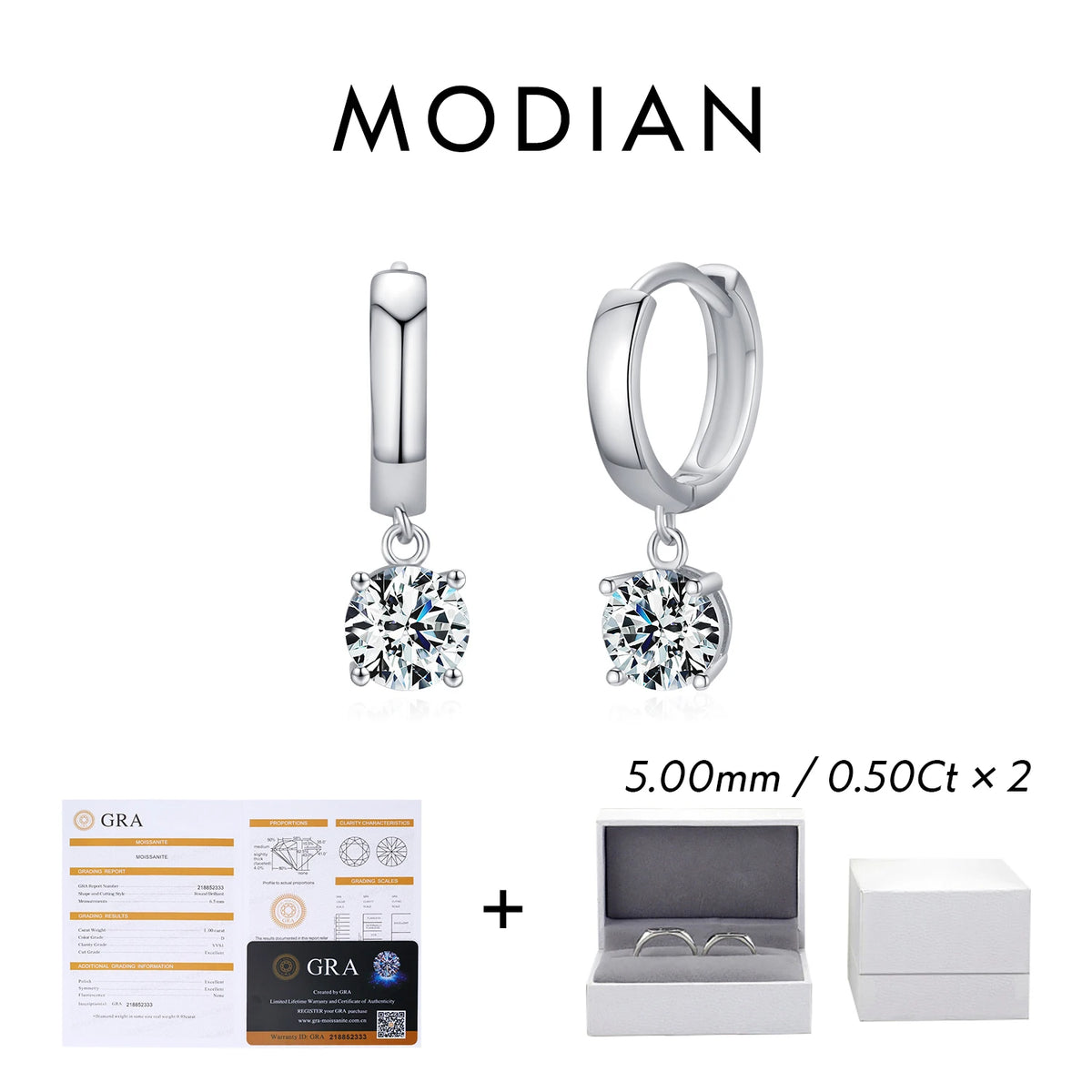 MODIAN 1.0CT D Color Moissanite Hoop Earrings