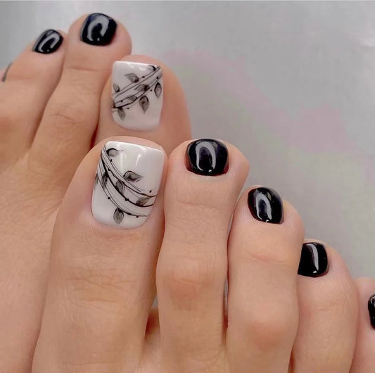 24 Pcs French Design Fake Toe Nail Press on Summer Nails