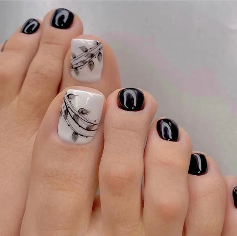 24 Pcs French Design Fake Toe Nail Press on Summer Nails