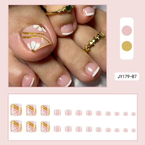 24 Pcs French Design Fake Toe Nail Press on Summer Nails