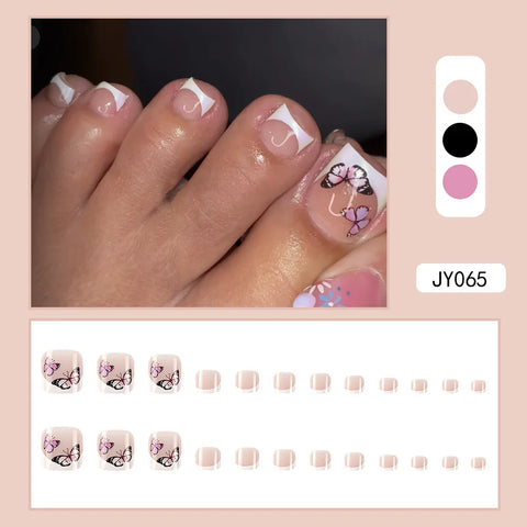 24 Pcs French Design Fake Toe Nail Press on Summer Nails