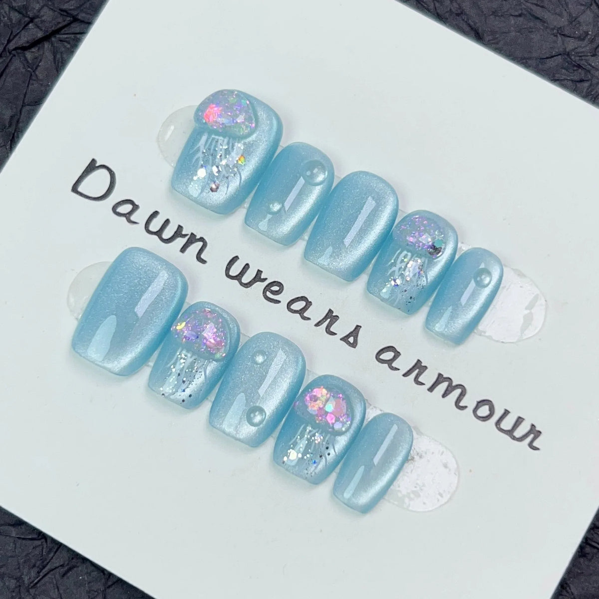 Handmade Press on Nails with Rhinestone Cat-Eye Design