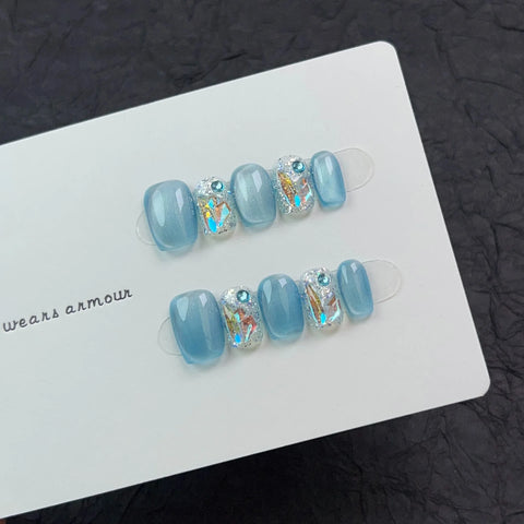 Handmade Press on Nails with Rhinestone Cat-Eye Design