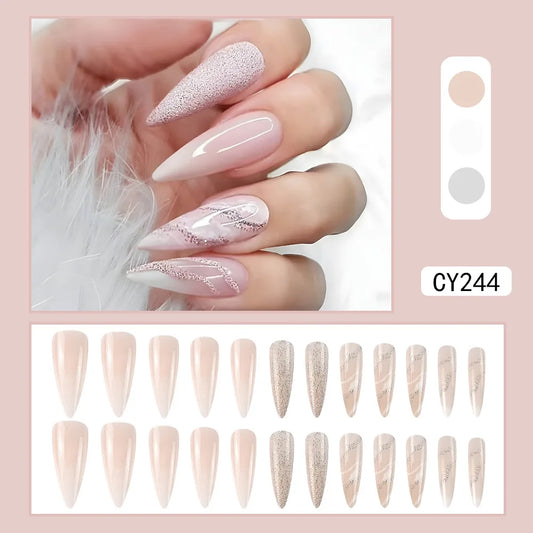 VITAGWX Long False Nails with Bling Diamond Decor