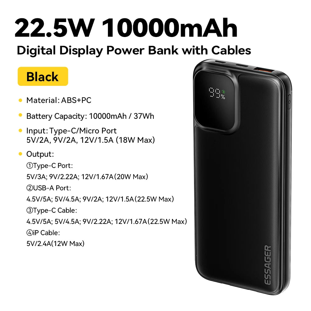 Essager Power Bank – 20000mAh Fast-Charge with Built-in Cables