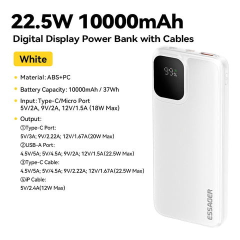 Essager Power Bank – 20000mAh Fast-Charge with Built-in Cables