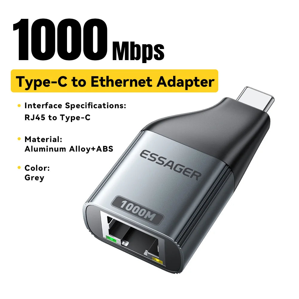 Essager Type-C to Ethernet Adapter – 1000Mbps Gigabit High-Speed RJ45 for MacBook & Laptops