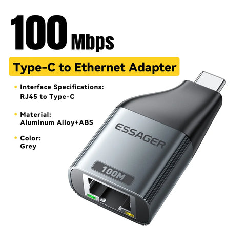 Essager Type-C to Ethernet Adapter – 1000Mbps Gigabit High-Speed RJ45 for MacBook & Laptops