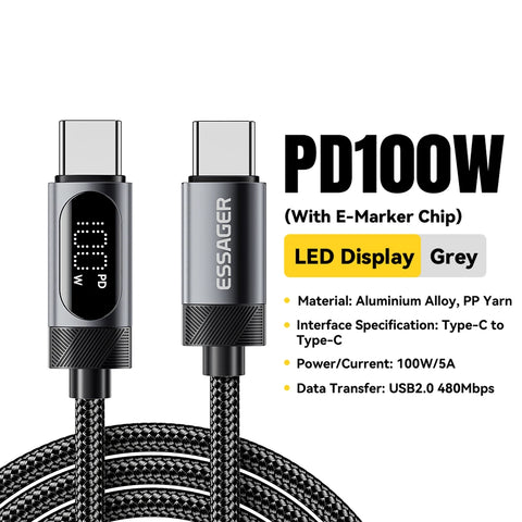 Essager USB-C Cable - 100W PD Fast Charging for iPhone 16/15, Xiaomi, Huawei, MacBook & iPad