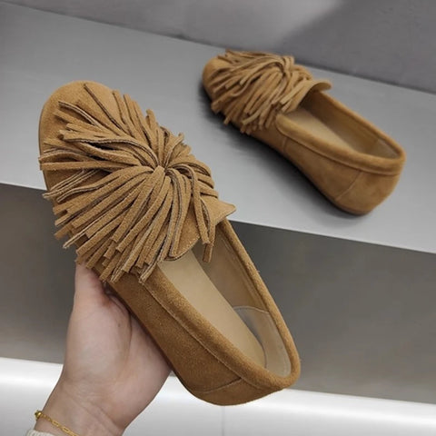 AIYUQI Women's Flat Shoes Genuine Leather 2025 New Tassel Women's Loafers Large Size Ballet Mary Jane Shoes For Women