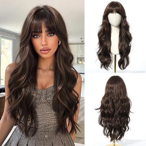 EASIHAIR Long Wavy Brown Synthetic Wig for Women with Side Bangs - Natural Look, Heat Resistant for Daily Wear