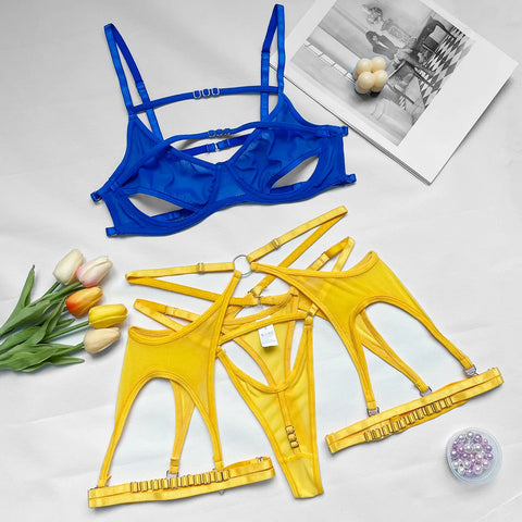 3-Piece Contrast Color Exotic Lingerie Set for Women - Cross Sexy Bandage Garter Brief Kit