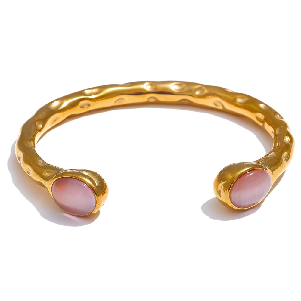 Yhpup 62mm High Quality Stainless Steel Multicolored Natural Stone Golden Cuff Open Bracelet Bangle - Water Resistant Jewelry