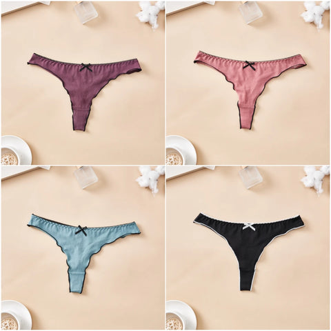 4-Piece Women's Cotton Solid Color Thong Set - Sexy & Comfortable Low-Waist Underwear
