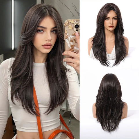 EASIHAIR Women Synthetic Wigs - Long Brown Ombre Blonde Layered Wigs with Curtain Bangs for Daily Use