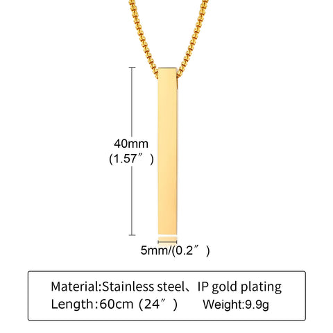 Waterproof Stainless Steel Rectangle Bar Pendant Necklace for Men and Women