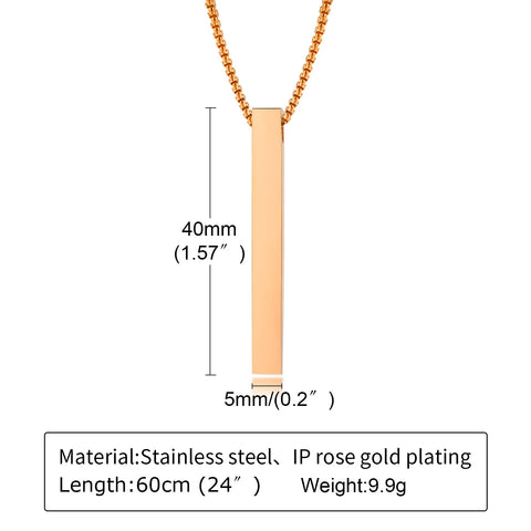 Waterproof Stainless Steel Rectangle Bar Pendant Necklace for Men and Women