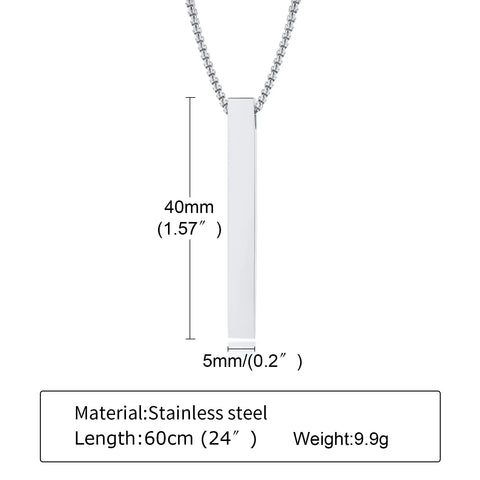 Waterproof Stainless Steel Rectangle Bar Pendant Necklace for Men and Women