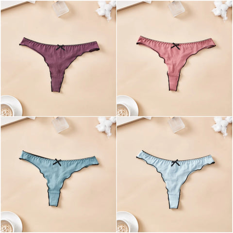 4-Piece Women's Cotton Solid Color Thong Set - Sexy & Comfortable Low-Waist Underwear