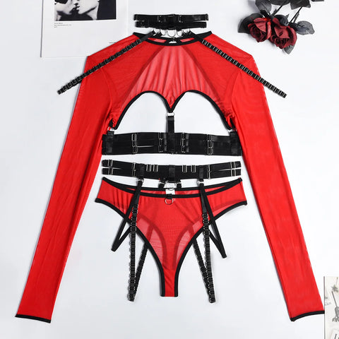 4-Piece Gothic Lingerie Set for Women - 11 Colors - Backless Fancy Black Halter Mesh Bandage Exotic Sets