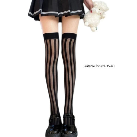 Women’s Lolita Fishnet Thigh High Socks - Japanese Style Heart Striped Lace Patterned Over Knee Long Stockings