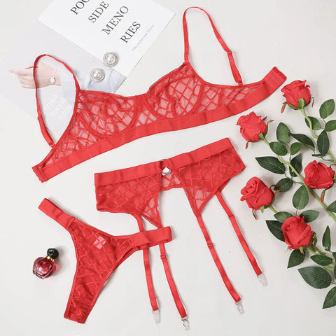 3-Piece Plaid Lace Erotic Set - Women’s Patchwork Lingerie in 7 Colors