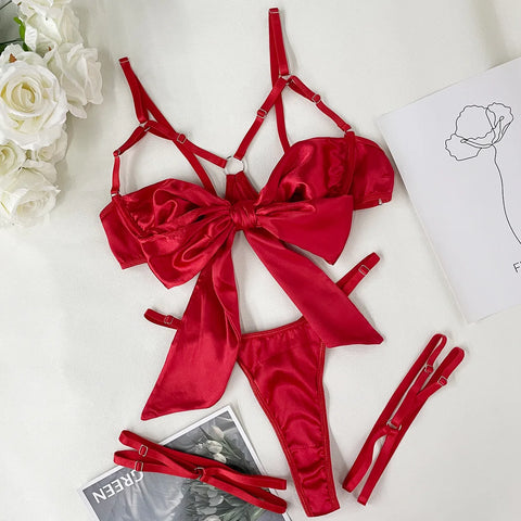 3-Piece Cut Out Bow Lingerie Set - Satin Erotic Underwear Nightwear in 4 Colors