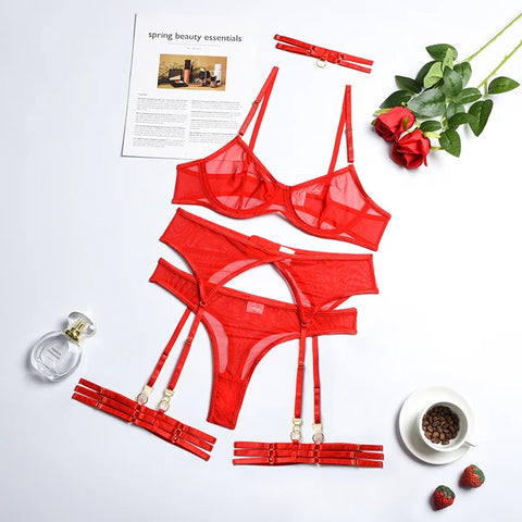 4-Piece Lace Bra Set Women Mesh Panty Underwear Set - 8 Colors Transparent Sexy Lingerie Set