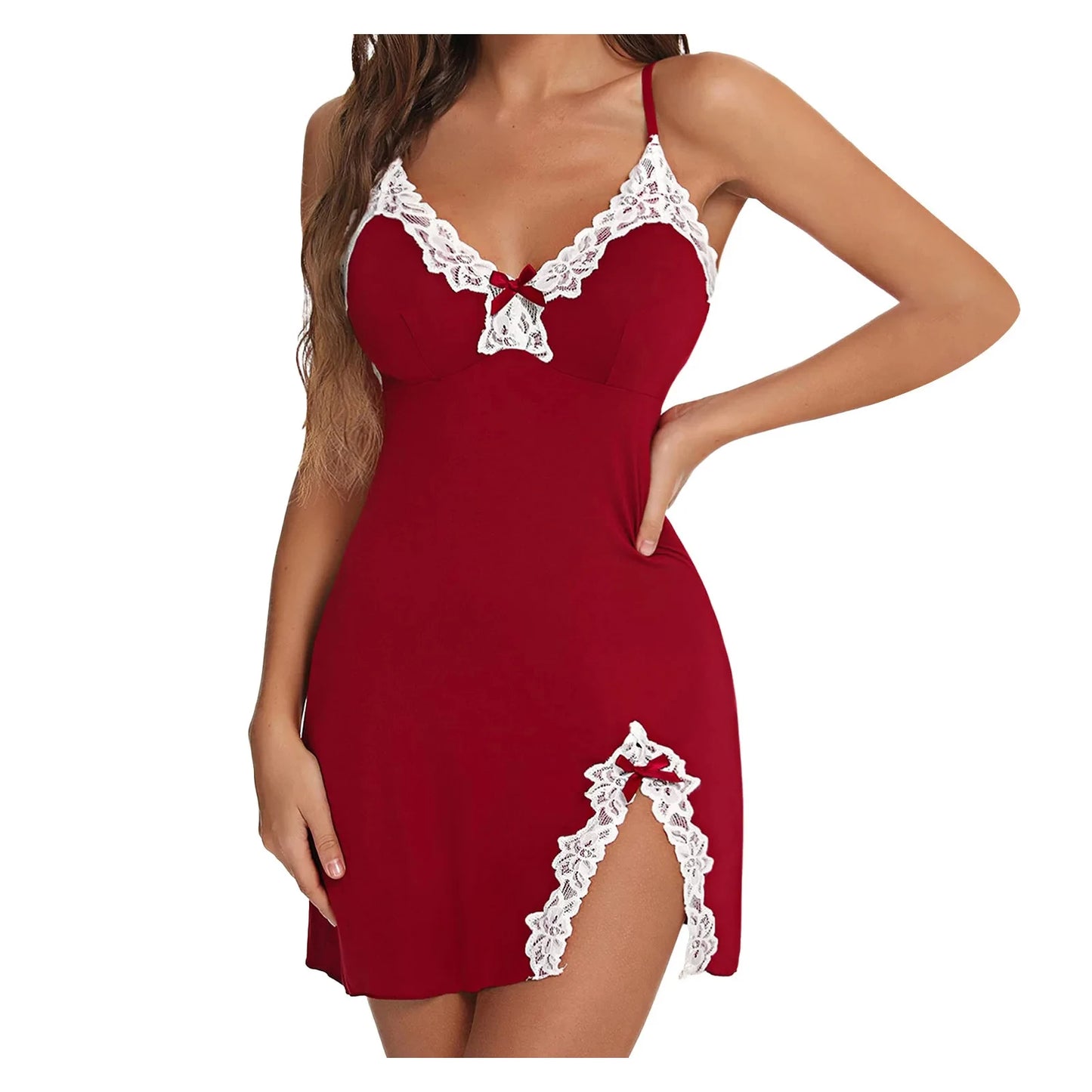 Lace Silk Satin V-Neck Nightgown