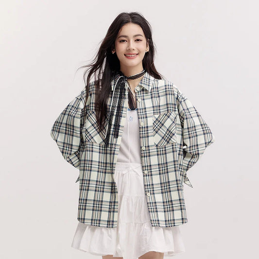 Semir-shirt met lange mouwen voor dames - Vintage geruite oversized top