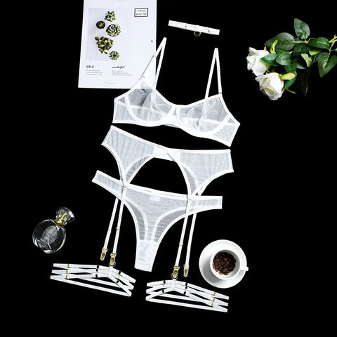 4-Piece Lace Bra Set Women Mesh Panty Underwear Set - 8 Colors Transparent Sexy Lingerie Set