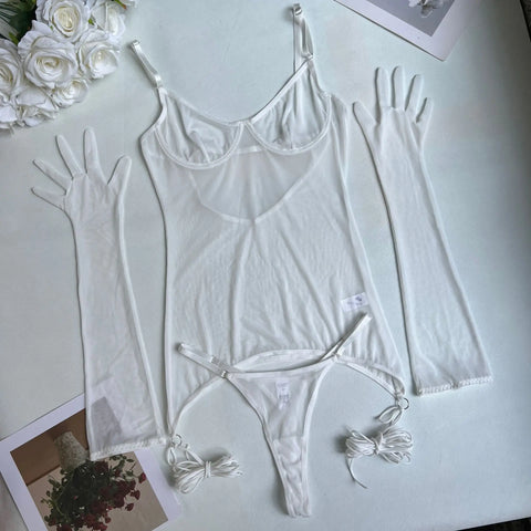 Sheer Mesh Lingerie Set for Women - 4-Piece Backless Dress & Briefs Nightwear