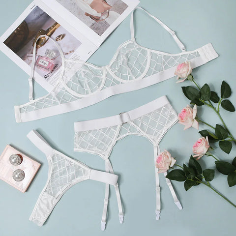 3-Piece Plaid Lace Erotic Set - Women’s Patchwork Lingerie in 7 Colors