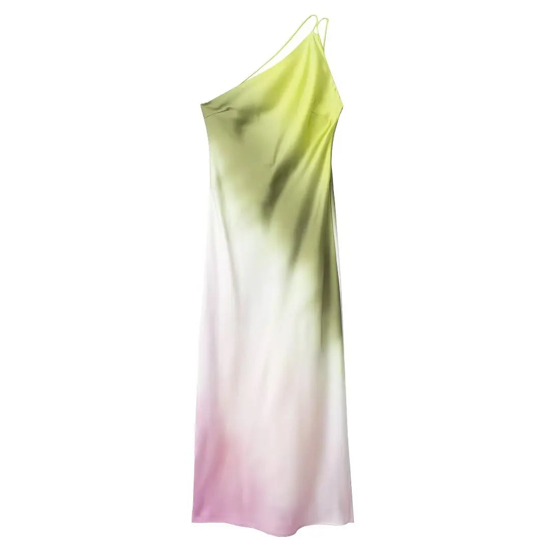 MUJER Tie Dye Long Dress - Asymmetric Satin Backless Evening Dress