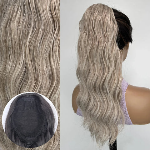 Synthetic Long Wavy Ponytail Hair Extension - 18 Inch Brown Blonde Mix