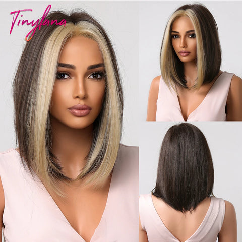 Medium Straight Synthetic Bob Wig Dark Black Brown Short Wigs With Bangs for Women Cosplay Daily Layered Hair Heat Resistant