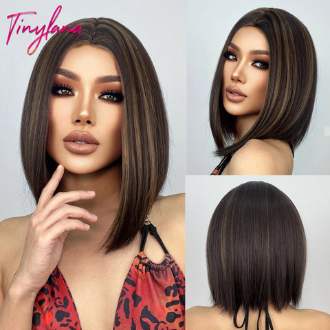 Medium Straight Synthetic Bob Wig Dark Black Brown Short Wigs With Bangs for Women Cosplay Daily Layered Hair Heat Resistant