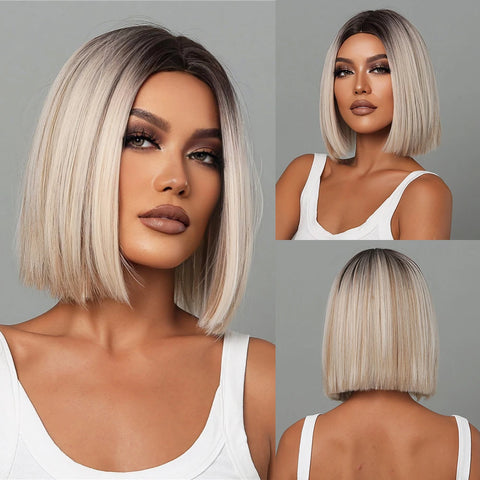 Medium Straight Synthetic Bob Wig Dark Black Brown Short Wigs With Bangs for Women Cosplay Daily Layered Hair Heat Resistant