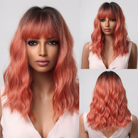 EASIHAIR Dark Brown Wavy Bob Wig with Bangs - Synthetic Heat Resistant Medium Length Wig for Women