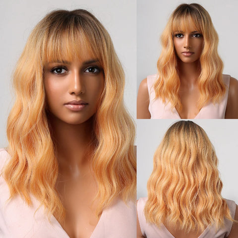 EASIHAIR Dark Brown Wavy Bob Wig with Bangs - Synthetic Heat Resistant Medium Length Wig for Women