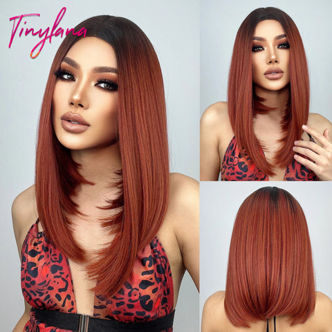 Medium Straight Synthetic Bob Wig Dark Black Brown Short Wigs With Bangs for Women Cosplay Daily Layered Hair Heat Resistant