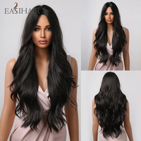 EASIHAIR Long Brown Ombre Synthetic Wigs for Women - Natural Wavy Cosplay Wig