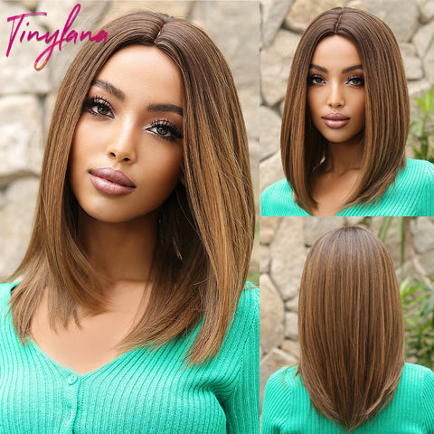 Medium Straight Synthetic Bob Wig Dark Black Brown Short Wigs With Bangs for Women Cosplay Daily Layered Hair Heat Resistant