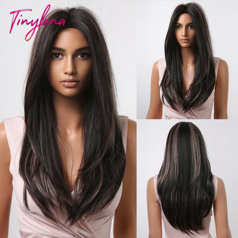 Gray Ash Blonde Pink Highlight Synthetic Hair Wigs with Bangs - Long Straight Ombre Cosplay Wig for Women