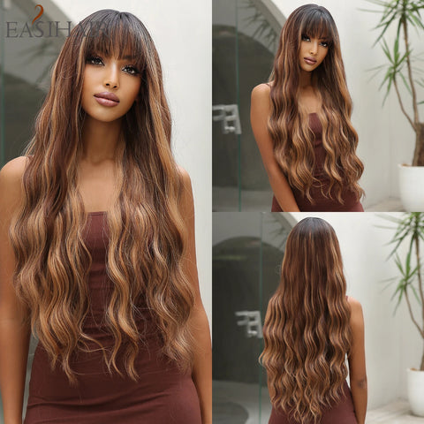 Light Green Long Wavy Synthetic Wig with Bangs - Blackish Green Cosplay Wig for Women, Ideal for Halloween