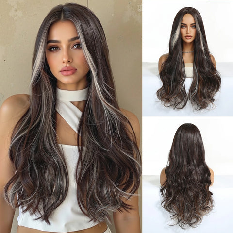 EASIHAIR Long Wavy Brown Synthetic Wigs for Women - Natural Curly Hair with Bangs for Daily Use and Cosplay